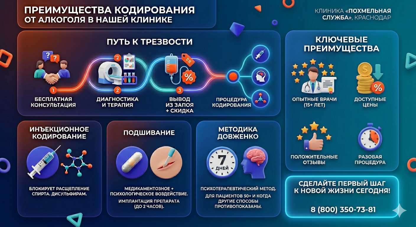 Инфографика о методах кодирования от алкоголя в Лангепасе: инъекции, подшивание, метод Довженко. Преимущества клиники и этапы лечения.