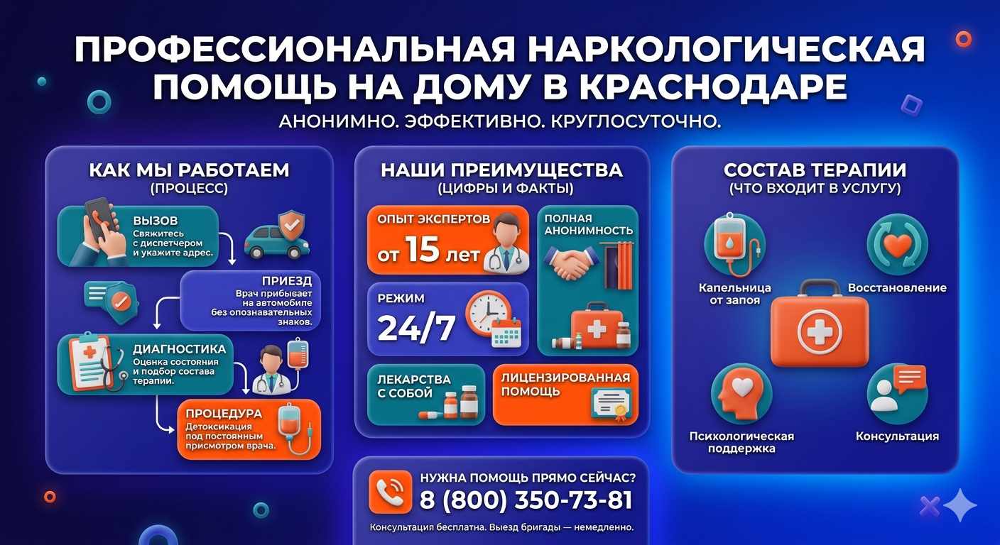 Инфографика о принципах лечения алкоголизма на дому в Лангепасе: этапы вызова нарколога, преимущества анонимной детоксикации и состав медицинской помощи.